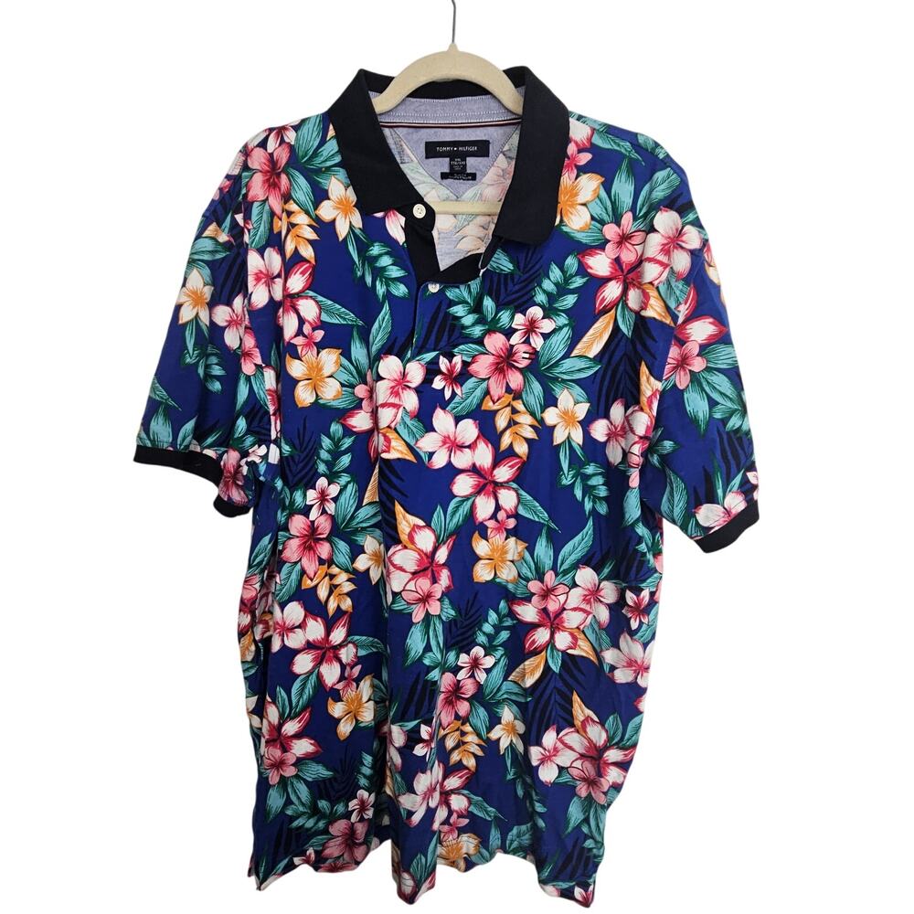 Tommy Hilfiger Polo Shirt Blue Floral Print Short Sleeve Men XXL Slim Fit Top